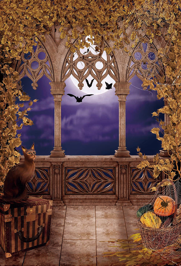 Fall Leaves Moon Cat Backdrops for Autumn