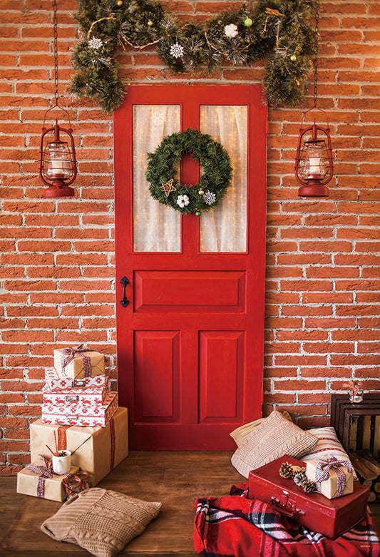 Red Door Christmas Backdrop for Photography Prop