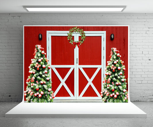 Christmas Wreath Red Barn Backdrop for Photography Prop