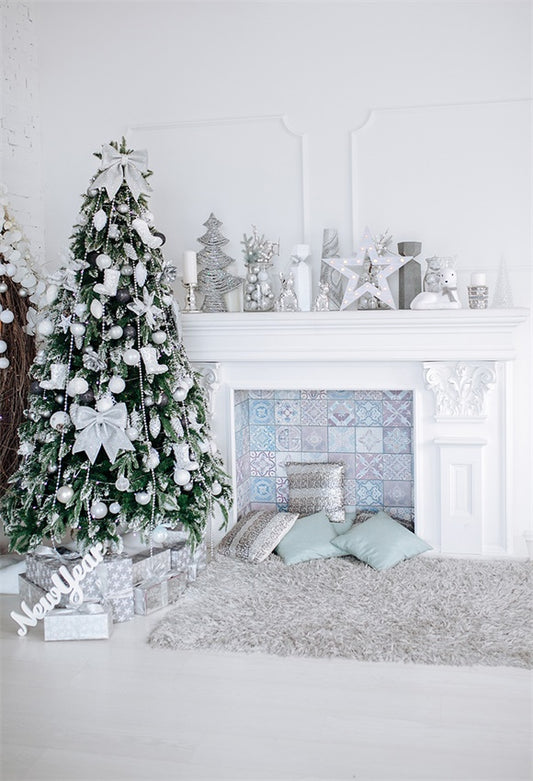 Christmas White Fireplace Sliver Decor Backdrop