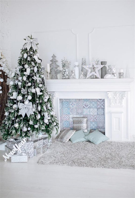 Christmas White Fireplace Sliver Decor Backdrop