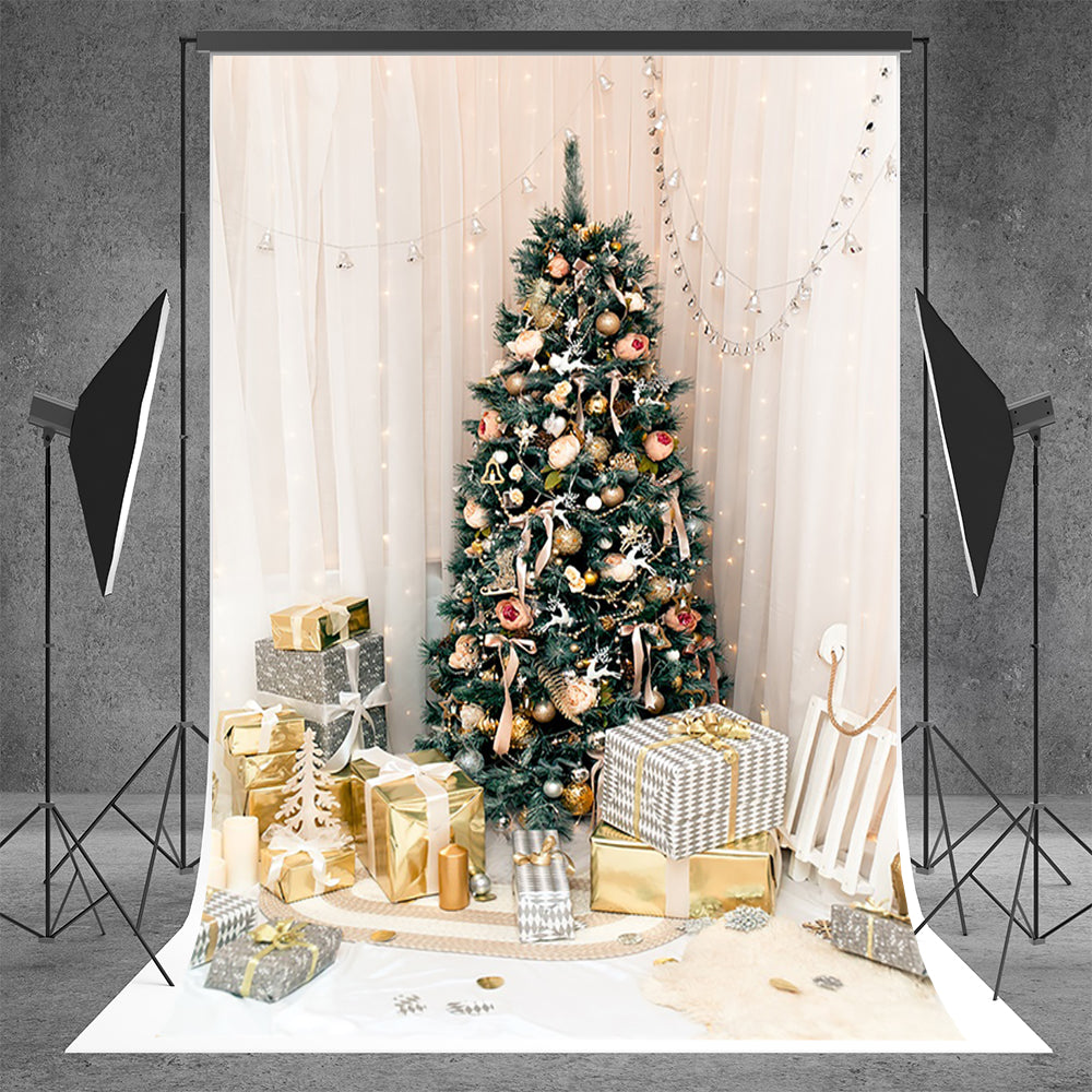 Gold Gift Christmas Tree Glitter Backdrops for Party