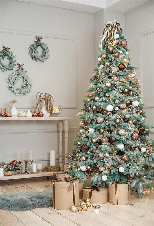 Golden Bell Christmas Tree Wreath Wood Floor Backdrops