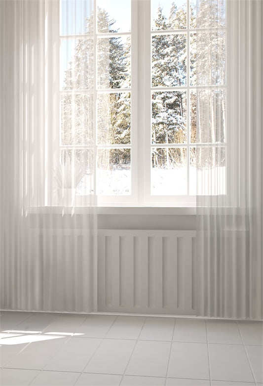 Winter Snow Windows White Curtain Photo Backdrops