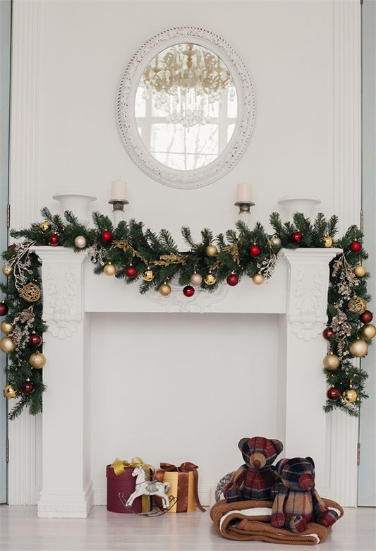 White Christmas Fireplace Bear Photography Backdrops