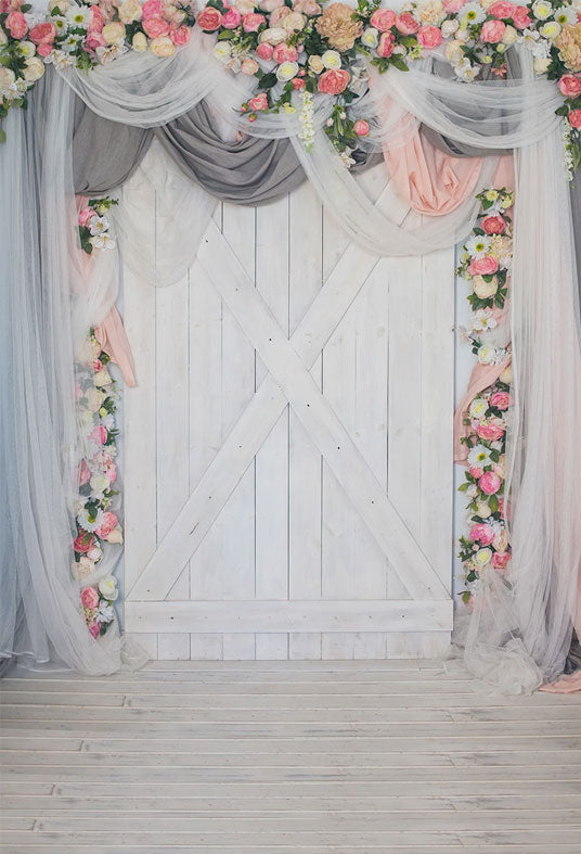 Flowers Curtain White Wood Wall Floor Backdrop for Wedding