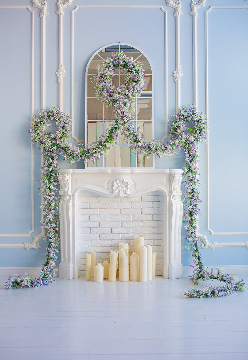 Blue Wall White Fireplace Lavender Flowers Backdrop for Session
