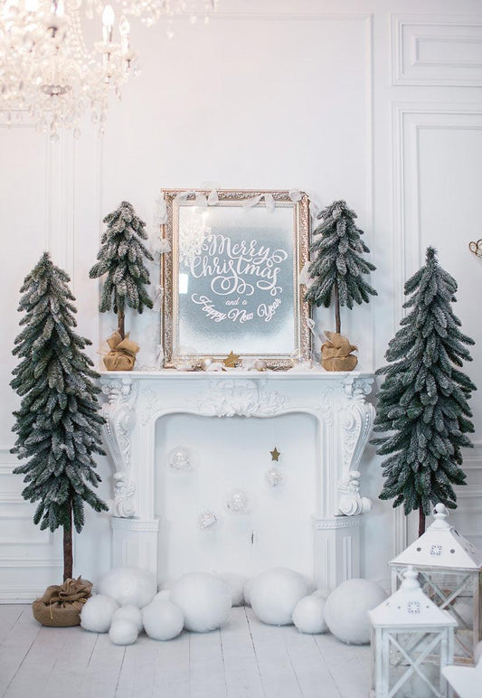 Christmas White Fireplace Wood Floor Pine Photo Backdrop for Studio