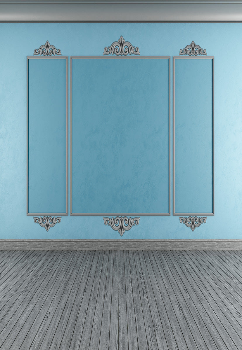 Blue Abstract Wall Grey Wood Floor Backdrop for Wedding