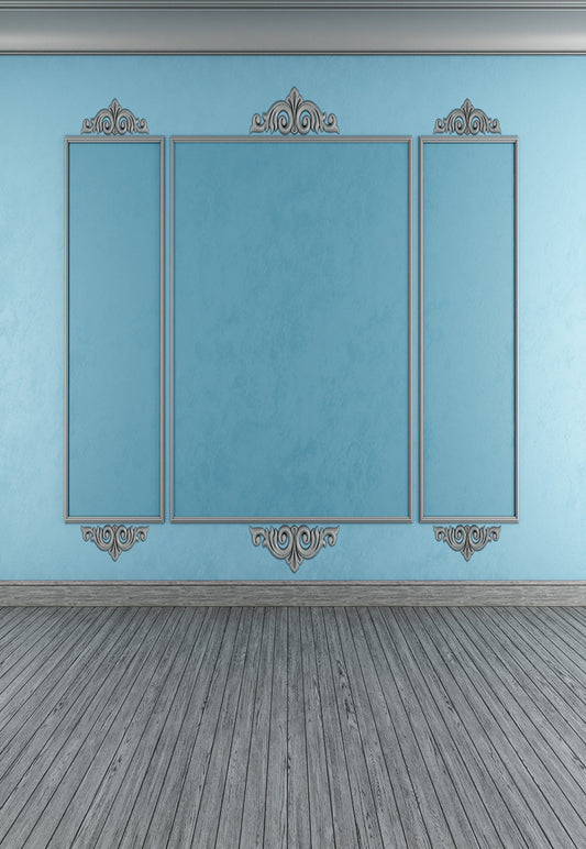 Blue Abstract Wall Grey Wood Floor Backdrop for Wedding