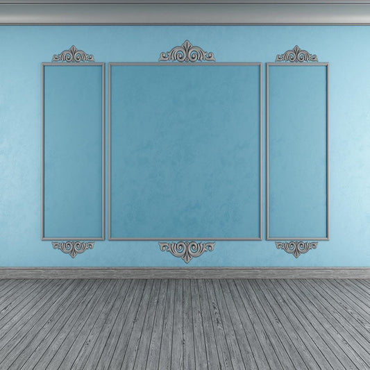 Blue Abstract Wall Grey Wood Floor Backdrop for Wedding