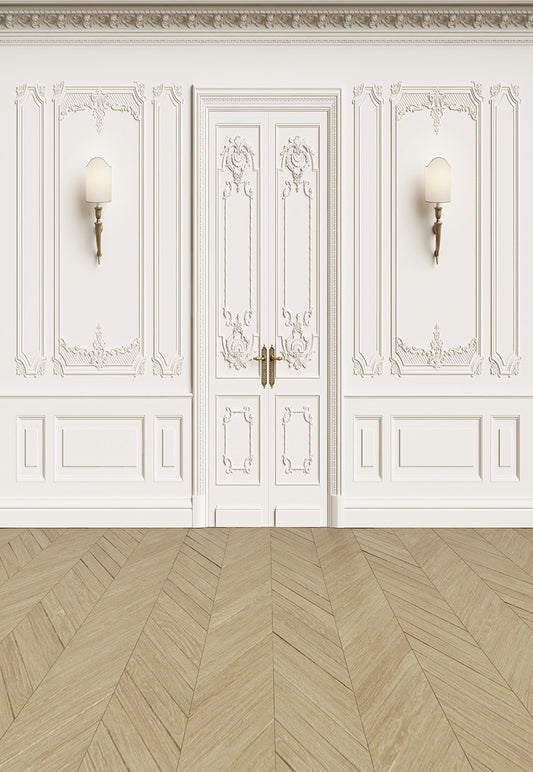 Luxurious White Wall Door Wedding Light Brown Wood Floor Backdrop for Photo