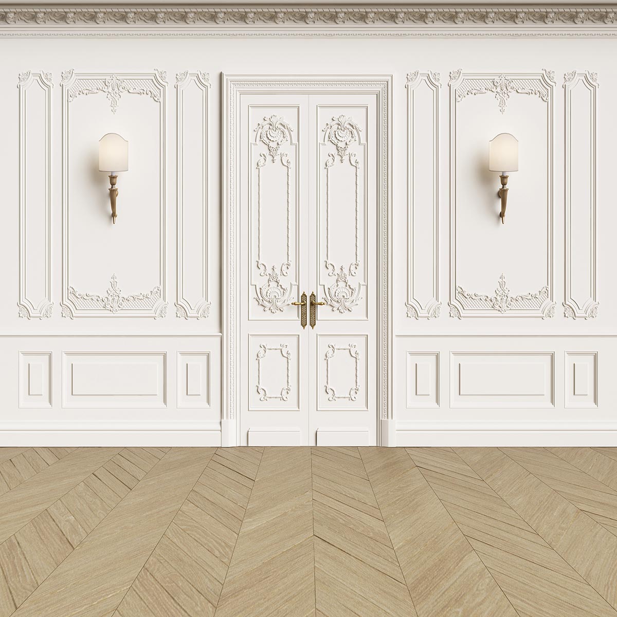 Luxurious White Wall Door Wedding Light Brown Wood Floor Backdrop for Photo