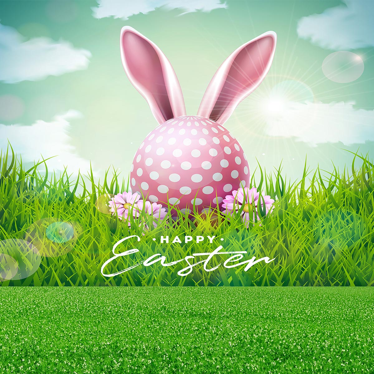 Green Grass Floor Happy Easter Pink Polka Eggs for Spring