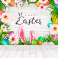 White Wood Happy Easter Floral Rabbit Backdrop for Spring
