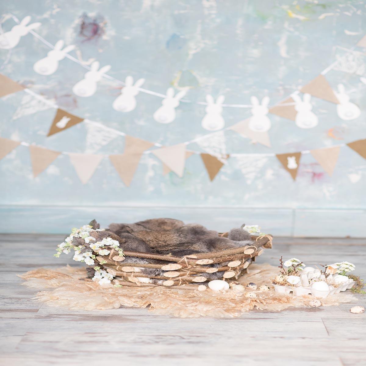 Happy Easter Wood Floor Rabbit Flag Photo Backdrops