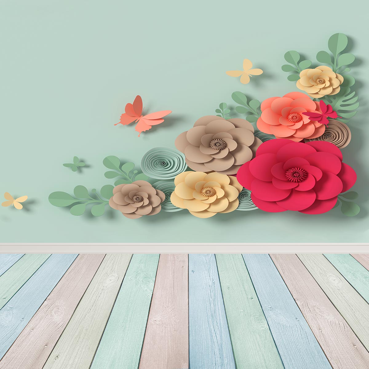 Mint Wall 3D Colorful Flowers Wood Floor Backdrop for Photography Prop