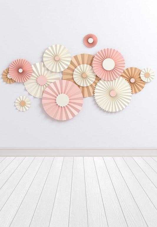 White Wall Wood Floor Pink Paper Flowers Backdrop for Birthday