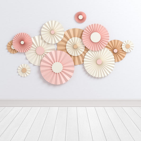 White Wall Wood Floor Pink Paper Flowers Backdrop for Birthday