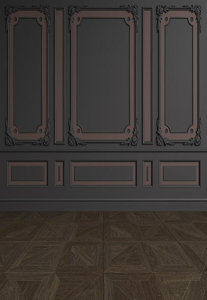 Dark Brown Wood Floor Black Wall Art Wall Photo Booth Prop Backdrop for Wedding