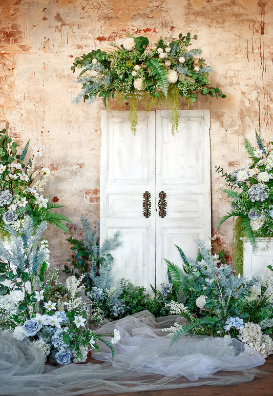 Brick Wall Spring Flowers Green Backdrops for Wedding