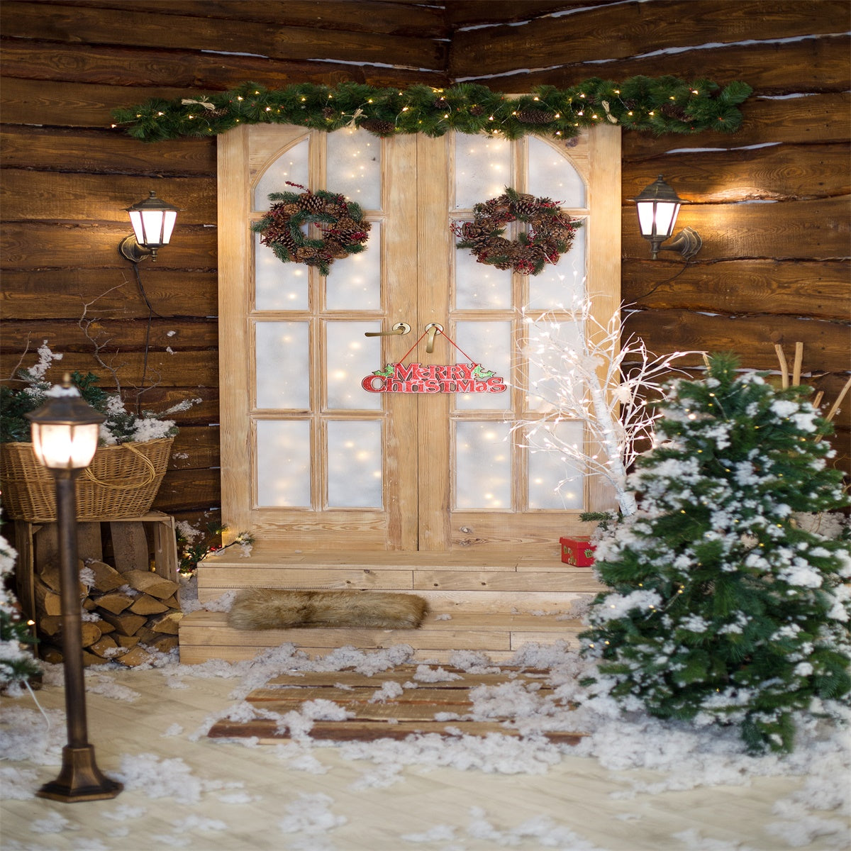 Merry Christmas Photo Studio Background Wood House for Prop