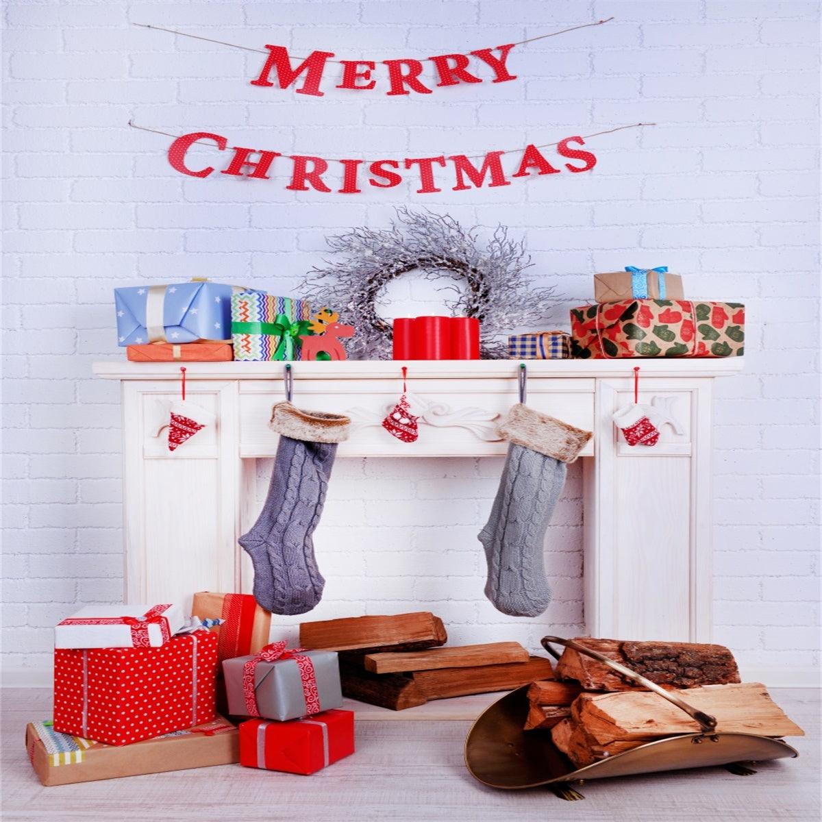 Merry Christmas White Brick Wall Photography Backdrops