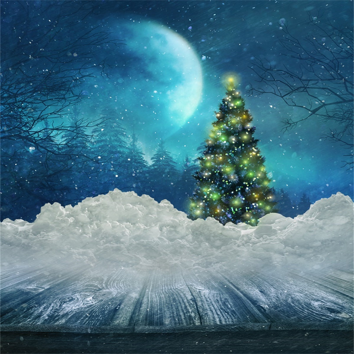 Night of Christmas Tree Snow Photography Backdrops