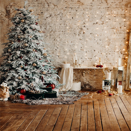 Brick Wall Christmas Tree Wood Floor Photo Backdrop