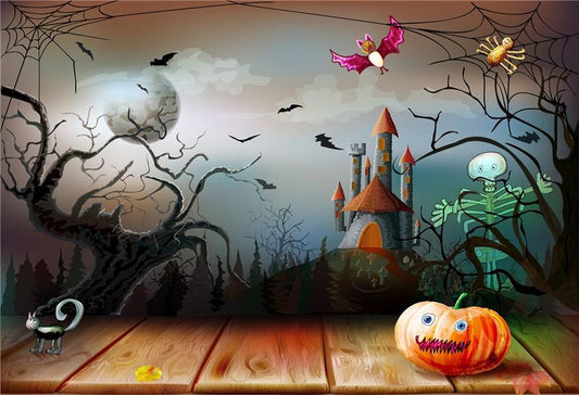 Cartoon Spider Web Wood Floor Halloween Backdrop