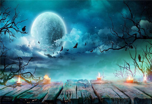 Night Blue Sky Wood Floor Halloween Backdrop