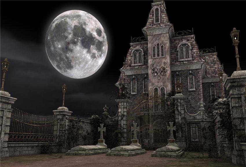 Bright Moon Brick Castle Halloween Backdrop for Photography Prop