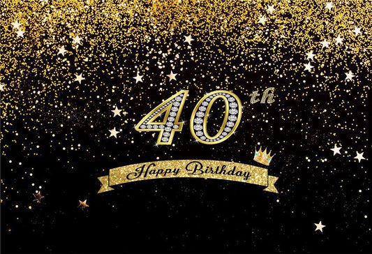 Happy Birthday 40th Gold Shiny Stars Table Banner Backdrops