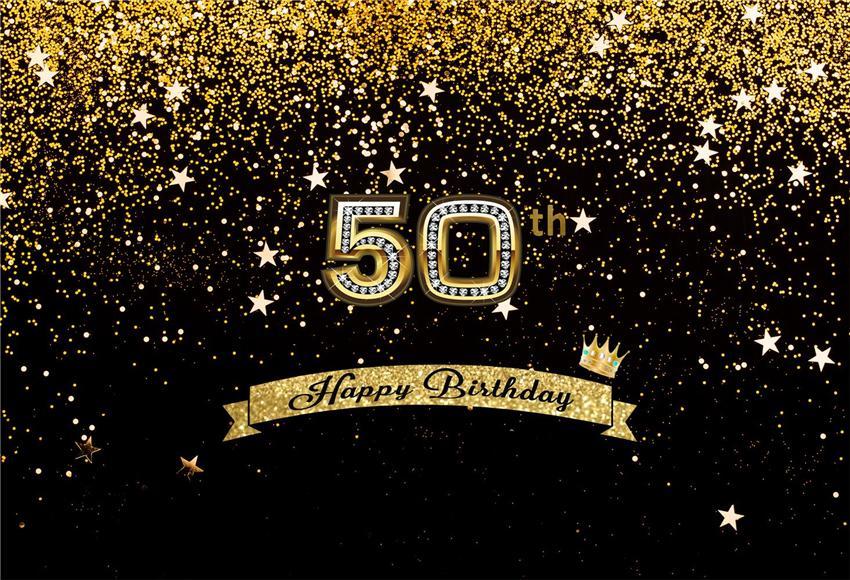 Happy Birthday 50th Gold Shiny Stars Table Banner Backdrops