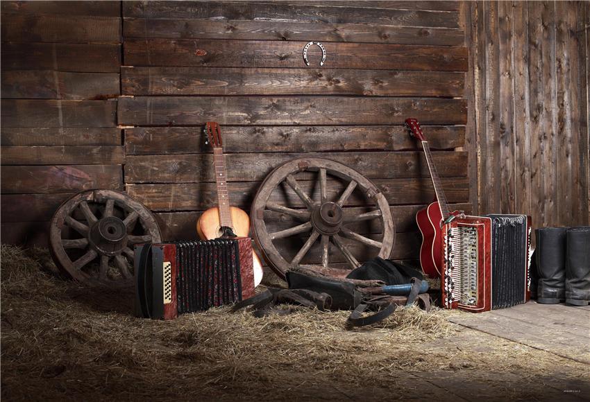 Wooden Vintage Straw Barn Music Photography Backdrop for Autumn
