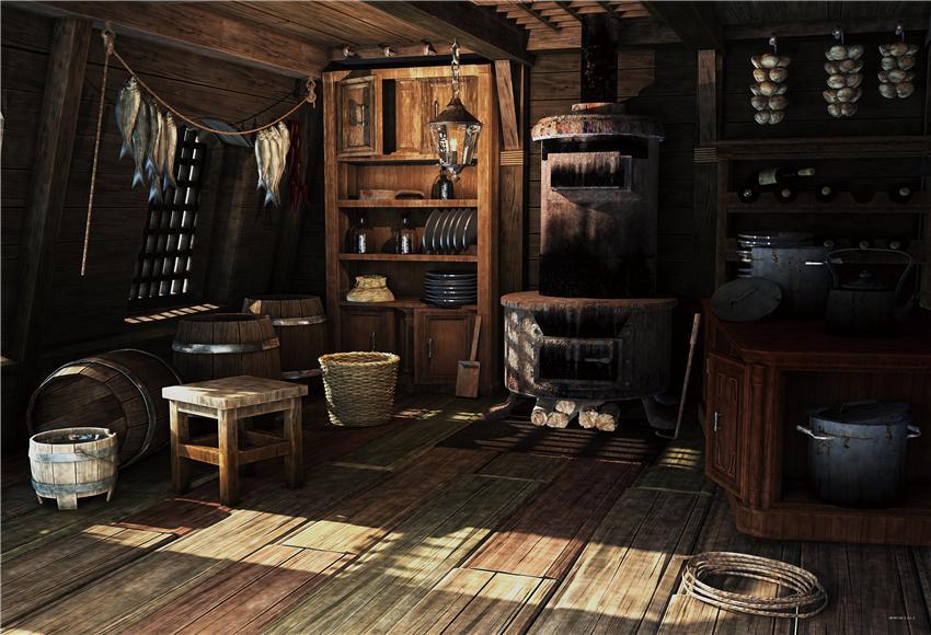 18th Century Vintage Idyllic Kitchen Wooden Photo Backdrop for Nature