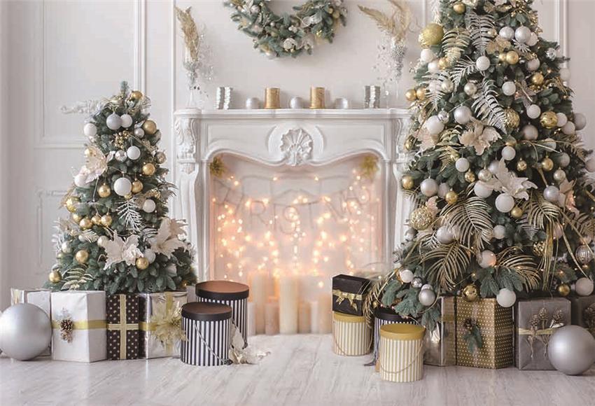 White Fireplace Christmas Tree Wood Floor Photo Backdrops
