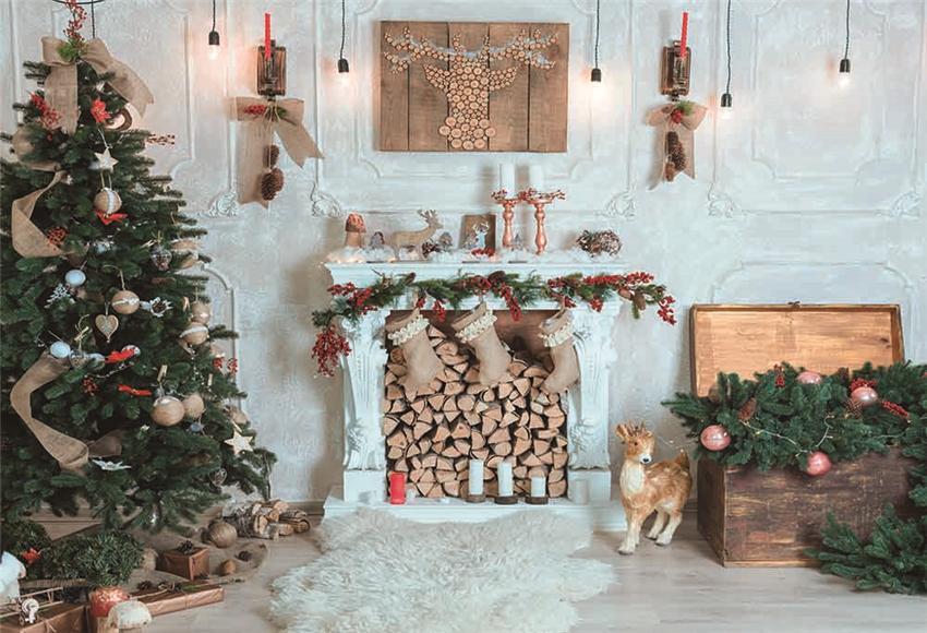 White Fireplace Christmas Wood Floor Backdrops