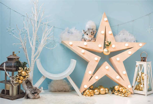 Gold Star Bell Blue Christmas Photography Backdrop