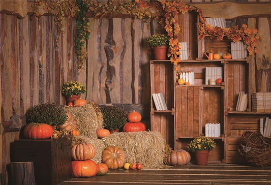 Wooden Barn Pumpkin Fall Leaves Backdrop