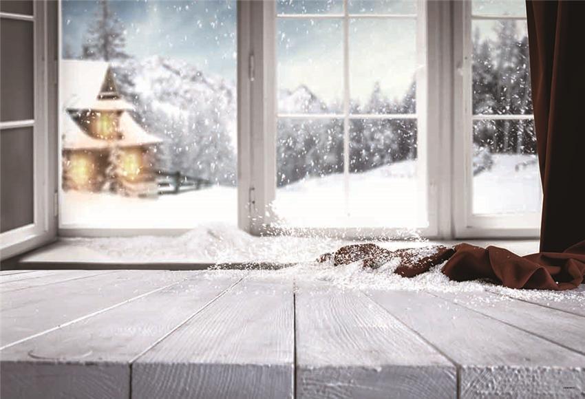 Snow Windows Wood Floor Christmas Backdrop for Photography