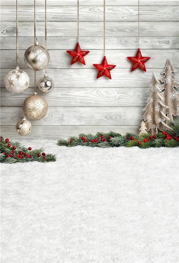 Wood Snow Floor Red Stars Christmas Backdrop for Photography Prop