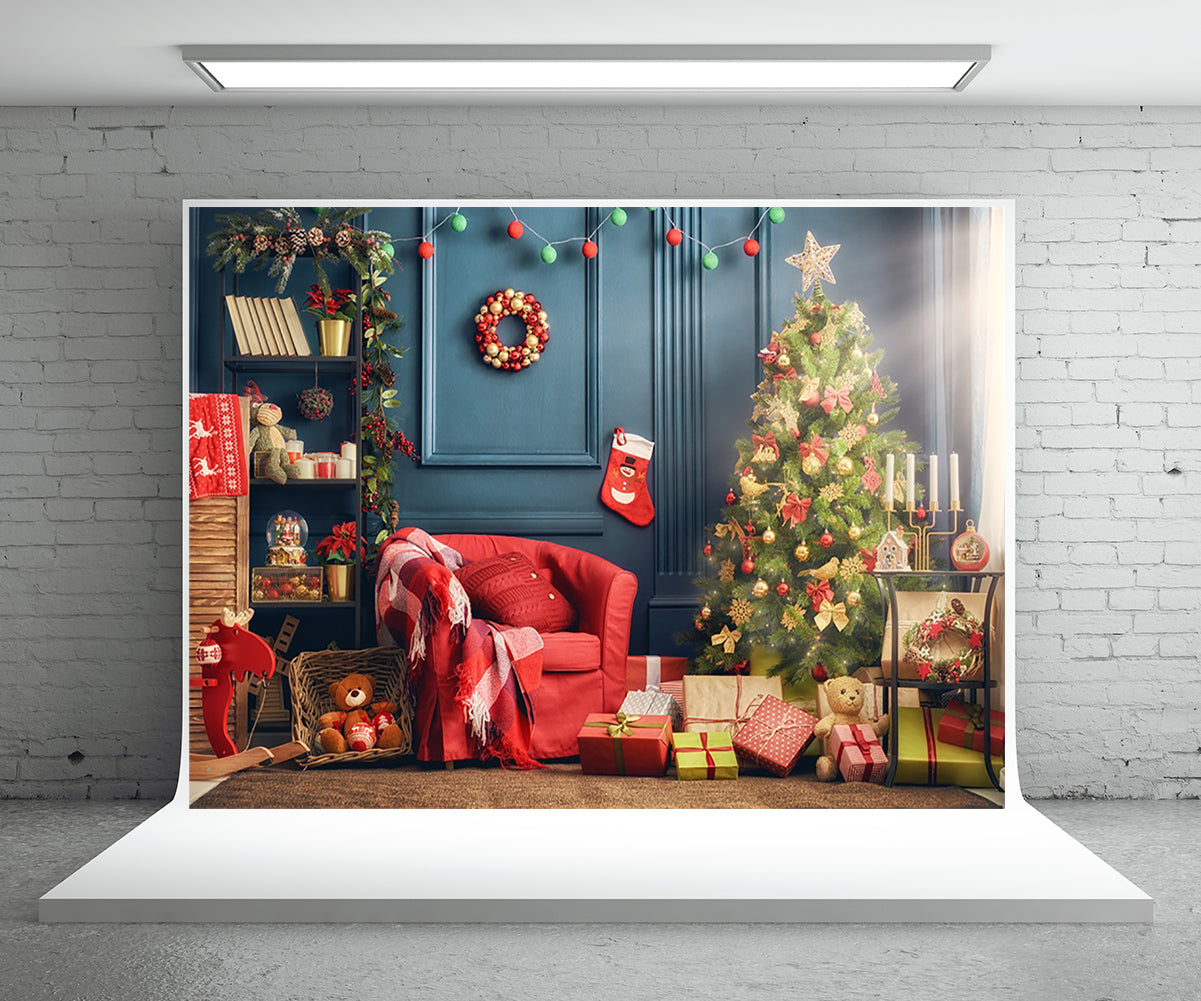 Christmas Tree Blue Red Sofa Photography Backdrops