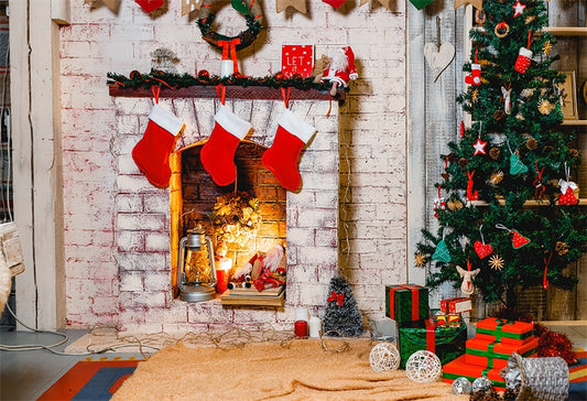 Christmas Brick Fireplace Photography Backdrops