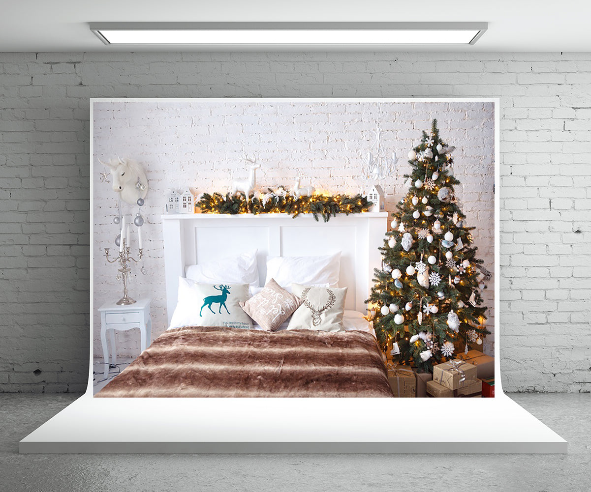 White Bed Headboard Christmas Backdrops for Picture