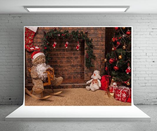 Brick Wall Fireplace Christmas Photo Studio Backdrop