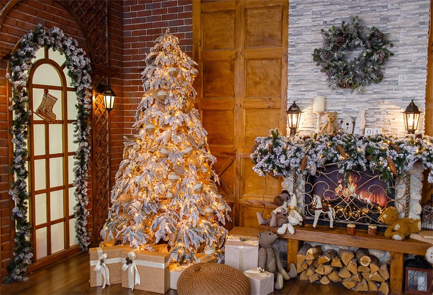 Golden Christmas Tree Wreath Brick Wall Backdrops