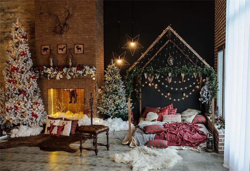 Black Wall Bed Christmas Brick Fireplace Backdrop for Family