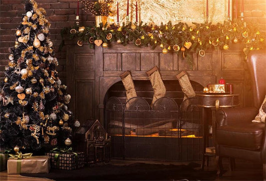 Gold Christmas Tree Fireplace Backdrops for Studio