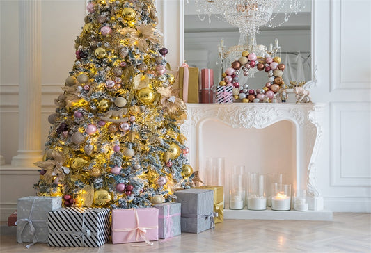 Gold Pink Bell Christmas Tree Backdrop for Photography Prop